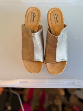 Clarks Metallic Gold Cork Platform Wedge Sandals/Slides